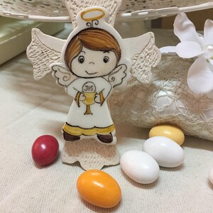 Bomboniera croce con angelo con coppa e ostia  Comunione, in ceramica. Originale,personalizzabile, Fatto a Mano in italia.