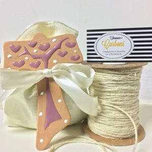Bomboniera Tau San Francesco in ceramica con albero della vita rosa,per battesimo comunione cresima. Personalizzabile fatta a mano in italia