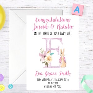 Neue Baby-Karte - A5, Baby Boy, Baby-Mädchen, Peter Rabbit, personalisiert, Initial, Name