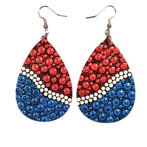 Red, White, and Blue Tear Drop Wooden Dangle Earrings, Hand Painted, Light Weight, Sealed Patriotic, 4th of July, Independence Day