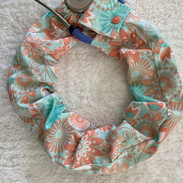 Washable Peach/Aqua Flower Stethoscope Cover