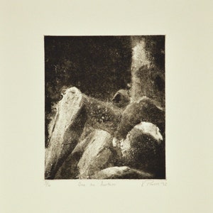 Black and white intaglio print on paper of abstract figures| &quot;One to Another&quot;
