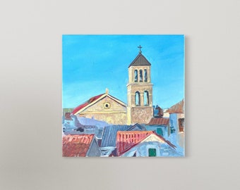 Church art Lanndscape Old town oil painting Original small canvas Beautiful gift old european town painting