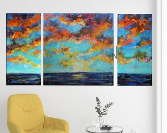 Colorful sky Palette knife set of 3 abstract oil painting Original gift for painting wall art decor Sunset bright Art purple yellow Blue