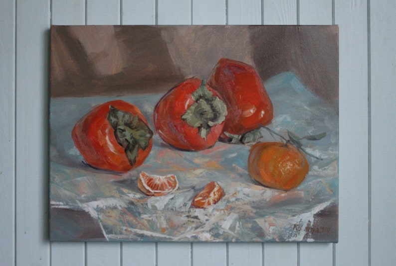 Fruit still shops life Persimmon and mandarin ORIGINAL oil painting Wall art Kitchen decor Gift Housewarming Orange artwork