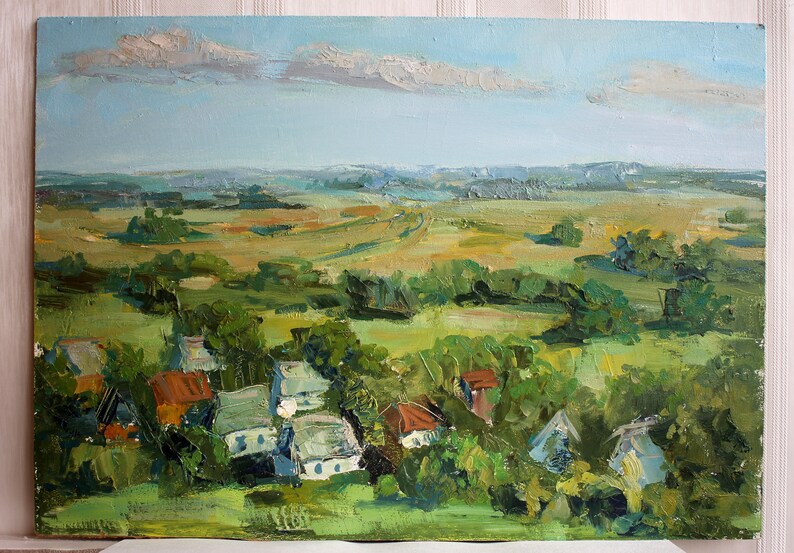 Plein air village custom landscape oil painting Houses field image 2