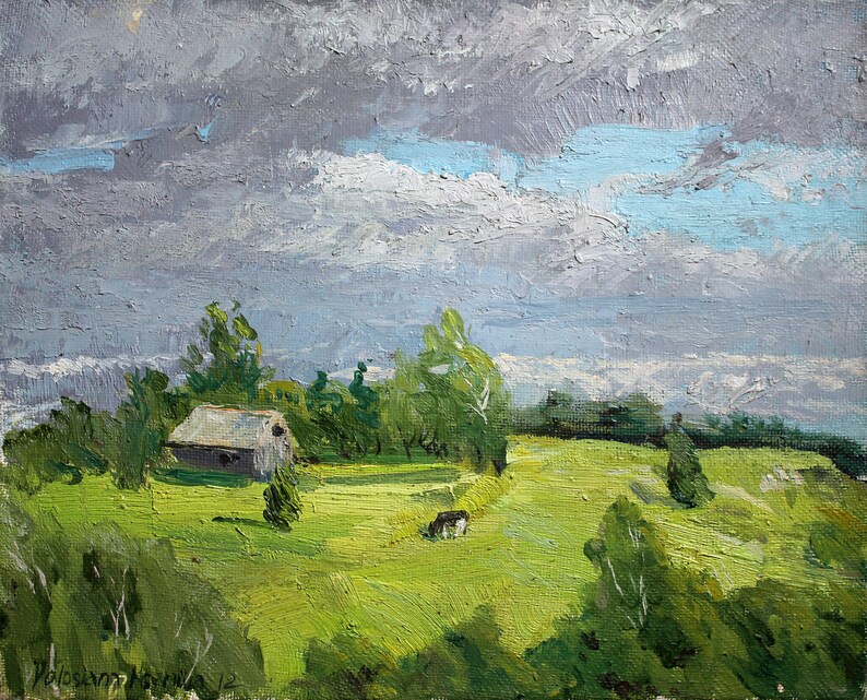 Plein air village custom landscape oil painting Houses field image 7
