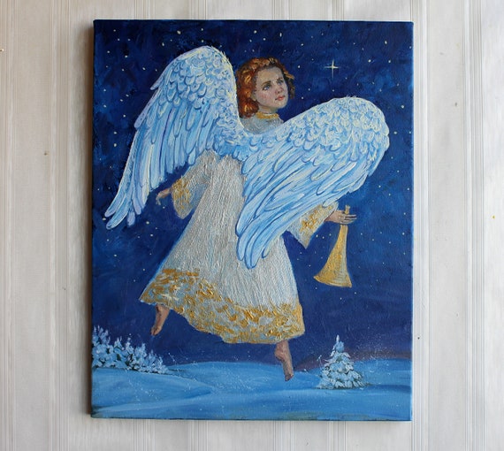 Angels wings ORIGINAL oil painting Christmas angel painting Blue sky Gift Canvas Little angel White blue silver gold Art Holiday Gift 16*20