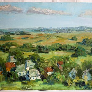 Plein air village custom landscape oil painting Houses field image 1