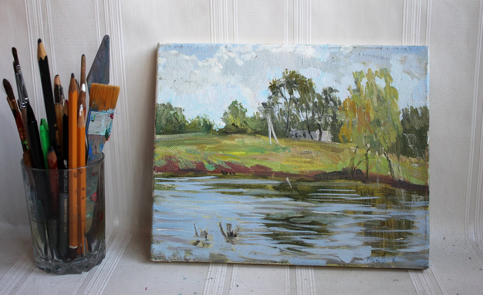 Green Nature Oil ORIGINAL Painting Landscape Cloud Sky Lake Etsy