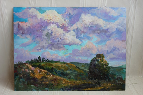 Sunset Original Oil Painting Cloudy Sky Blue Yellow Green Hill Etsy