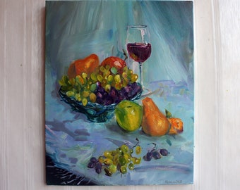 Natura morta di frutta gialla e vino rosso Arte delle pere mela d'uva Pittura ad olio originale Decorazione murale del soggiorno Opera d'arte Regalo di tela