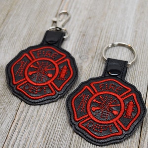 Fireman Fire Department, Maltese Cross, Firefighter Keychain, Gift For Him, Firemen Key Chain, Red on Black