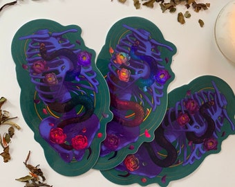 Snake Peony Bones Macabre Occult Holographic Sticker