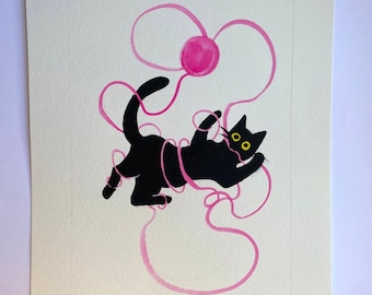 Tumbling Black Cat with Yarn Painting