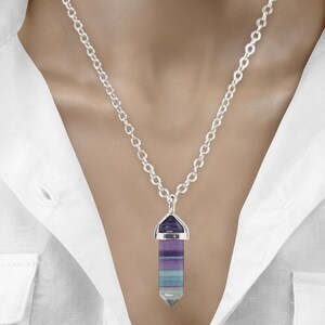 Crystal Point Pendant, Crystal Point Pendant, Silver Crystal Necklace,  Healing Crystal Necklace, Rainbow Fluorite, Amethyst, Labradorite. 