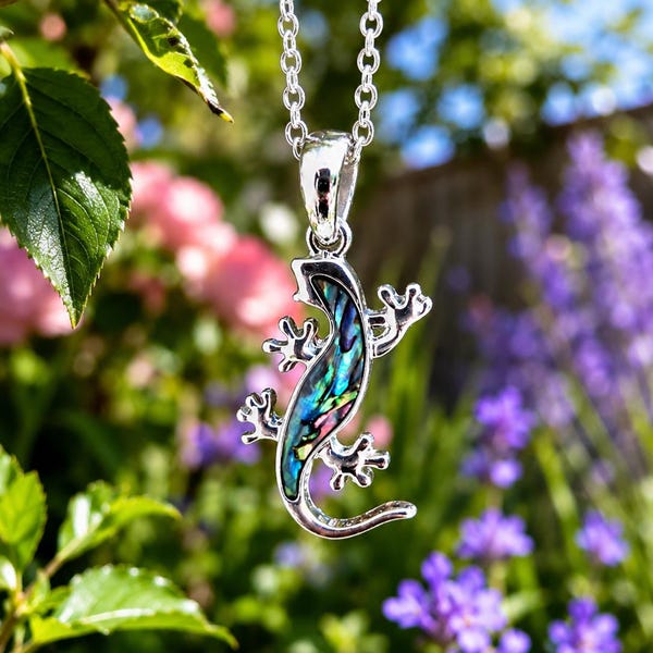 Abalone Gecko Necklace, Lizard Pendant, Tropical Reptile Jewellery - Choice of Chain