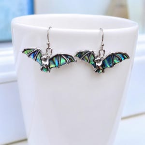 Bat Earrings, Abalone Shell Gothic Jewelry, Fall Halloween Gift for Her, Witchy Dangle Earrings, Occult Earrings - Choose Your Ear Wire