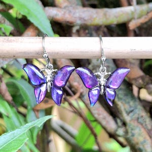Purple Butterfly Abalone Shell Earrings: Rhodium Silver Plated, Sterling Silver or Titanium Upgrade