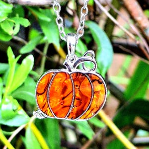 Abalone Shell Pumpkin Necklace: Autumn Harvest Jewelry, Steel Silver Plated or Cord Chain