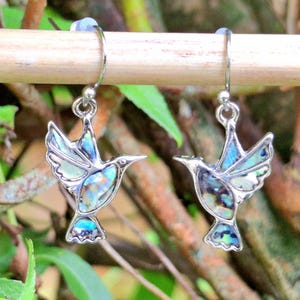 Abalone Paua Shell Hummingbird Earrings: Rhodium-Plated Bird Jewelry, Sterling silver Titanium Upgrade Option