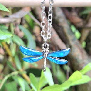 Abalone Shell Dragonfly Necklace: Rhodium-Plated Blue Insect Pendant, Steel Silver Plated or Cord Chain