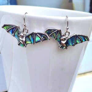 Bat Earrings, Abalone Shell Gothic Jewelry, Fall Halloween Gift for Her, Witchy Dangle Earrings, Occult Earrings - Choose Your Ear Wire