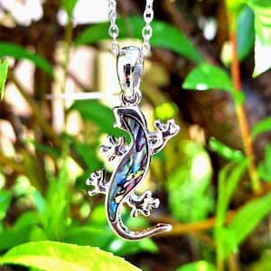 Abalone Gecko Necklace: Rhodium Reptile Pendant Jewelry, Steel Silver Plated or Cord Chain - NEW STYLE