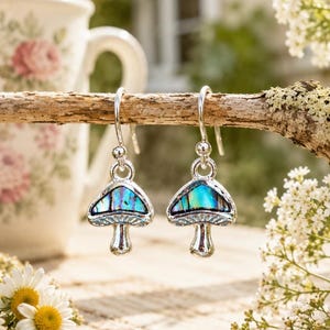 Tiny Mushroom Earrings – Abalone Shell Woodland Nature Dangle Earrings