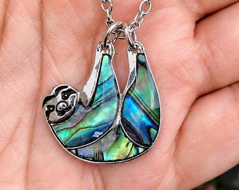 Abalone Sloth Necklace, Paua Shell Pendant - Steel Silver Plated or Cord Chain