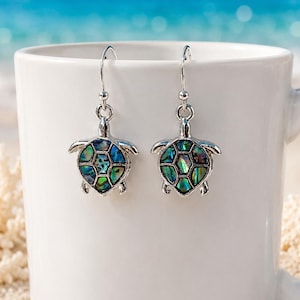 Ohrringe mit Schildkrötenmotiv aus Abalone-Muschel, versilbert, Sterlingsilber, Titanoptionen