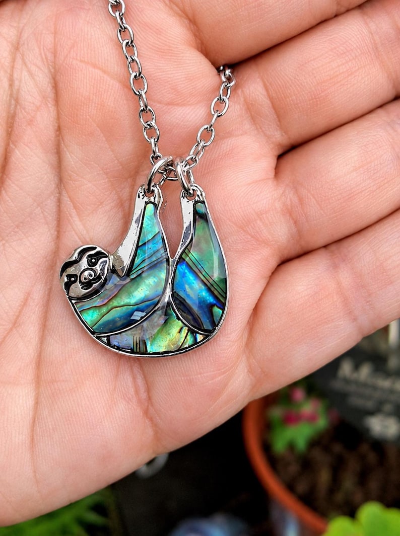 Abalone Sloth Necklace, Paua Shell Pendant - Steel Silver Plated or Cord Chain image 1