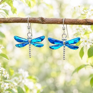 May include: A pair of drop earrings featuring vibrant blue dragonfly charms with faceted wings and silver-toned beaded bodies. The dragonflies are suspended from silver-toned metal ear wires, showcasing a detailed design with a polished finish.