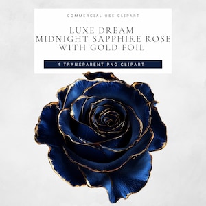 Sapphire Blue Rose Clipart: Gold Foil Floral PNG for Wedding Design