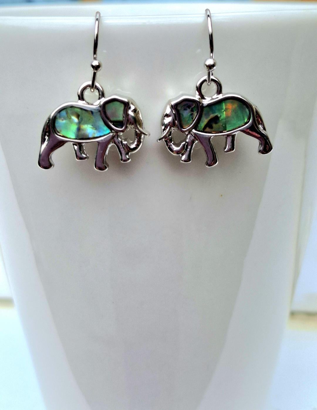 Orecchini vintage fatti a mano in argento sterling 925, elefante pendente con disco in abalone, argento testato - Italia