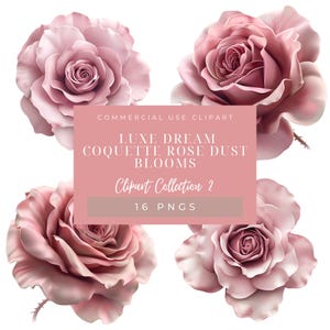 Luxe Dream Coquette Rosenstaub Blüten Kollektion 2 | 16 TRANSPARENTE PNG Soft Blush rosa Rose Clipart | Vintage Dusty Blumenhochzeitsgrafik
