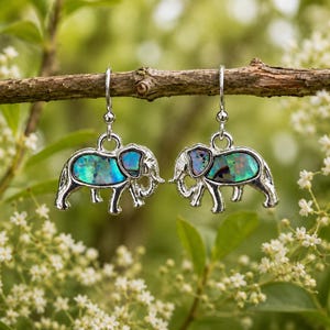 Abalone Elephant Earrings, Choice of Sterling Silver Surgical Steel or Titanium Wire