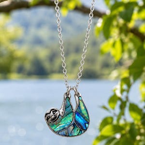 Abalone Sloth Necklace, Paua Shell Pendant - Steel Silver Plated or Cord Chain image 4