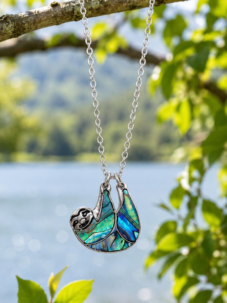 Abalone Sloth Necklace, Paua Shell Pendant - Steel Silver Plated or Cord Chain image 4