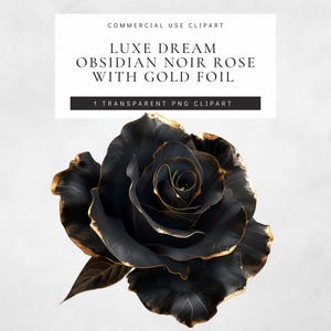 Obsidian Noir Black and Gold Rose Clipart, 1 TRANSPARENT PNG, Gothic Floral with Gold Foil for Wedding Invitations Stationery, Commercial