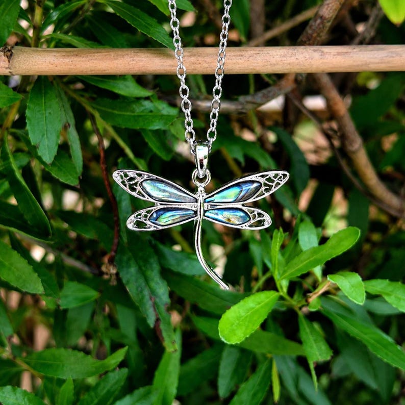 Abalone dragonfly necklace with iridescent paua shell wings, silver-tone pendant hanging outdoors against green foliage background.