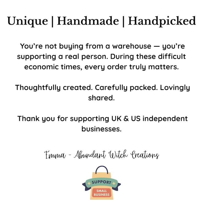 Puede incluir: Fondo blanco con texto que dice "Unique | Handmade | Handpicked". El texto tambi&eacute;n dice "Gracias por apoyar a las empresas independientes del Reino Unido y EE. UU." Un gr&aacute;fico de bolsa de compras de peque&ntilde;as empresas est&aacute; en la parte inferior.