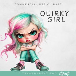 Quirky Whimsical Girl Clipart, Cute Girl Clipart, Whimsical Clipart, Instant Digital Download, SINGLE PNG,Transparent Commercial Use Clipart