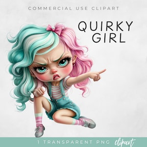 Clipart fille lunatique original, jolie fille des cliparts, clipart lunatique, téléchargement numérique instantané, PNG SINGLE, clipart Transparent usage commercial