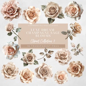 Champagner Salbei Rose Clip Art PNG, Goldfolie Blumengrafik für Hochzeitseinladungen, Branding, Journal, Scrapbooking & Kartenherstellung