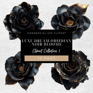 Luxe Dream Obsidian Noir Blooms, Clip Art de Rosa Glamourosa Preta e Dourada, PNGs Florais Digitais, Clipart de Flores Góticas, 15 PNGs Transparentes