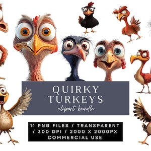 Clipart de pavo peculiar, clipart de pavo divertido, clipart de pavo de dibujos animados de Acción de Gracias, descarga digital transparente, arte PNG x 11, comercial