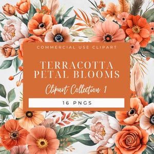 Clipart floral aquarelle en terre cuite | 16 éléments Boho PNG (pas transparents) | Fleurs de mariage d'automne pour la marque et le design