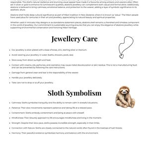 May include: An informational document titled Abalone Shell, Jewellery Care, and Sloth Symbolism. It features an image of an iridescent abalone shell, a line drawing of a heart-shaped pendant, a sloth illustration, and a circular logo with the text AW.
