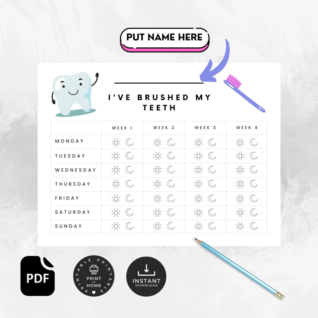 Kids Brush Your Teeth Chart Printable Checklist Tooth - Etsy